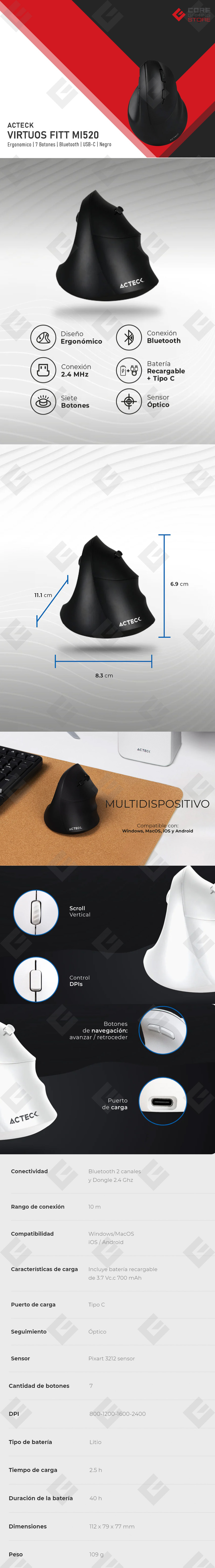 Mouse Acteck Virtuos Fitt MI520, Inalámbrico, 2,400 DPI Óptico, 7 Botones, Negro - AC-936224