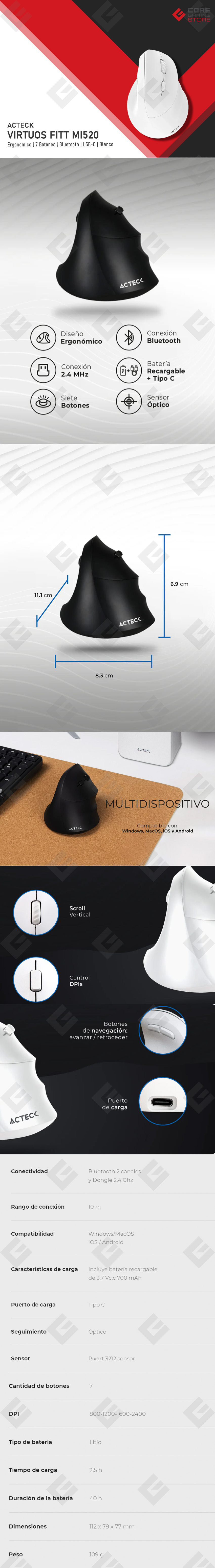 Mouse Acteck Virtuos Fitt MI520, Inalámbrico, 2,400 DPI Óptico, 7 Botones, Blanco - AC-936231