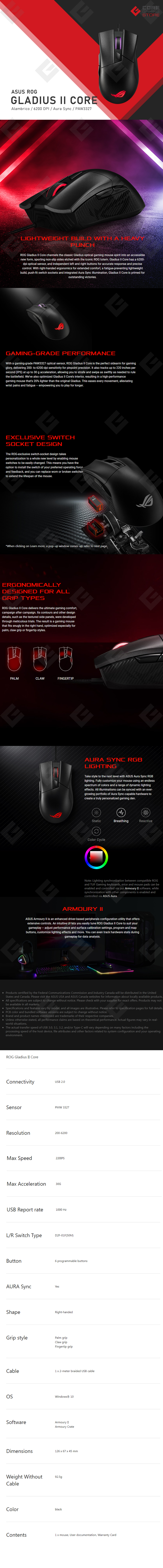 Mouse Asus ROG Gladius II Core, Alámbrico, 6200 DPI, RGB, Aura Sync - ASUS-P507-ROG
