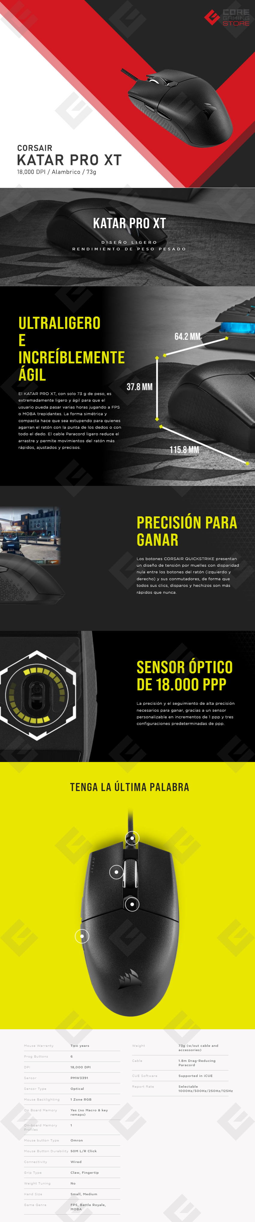 Mouse Gaming Corsair Katar PRO XT, Alámbrico, 18,000 DPI, 6 Botones Programables, Sensor PMW3391 - CH-930C111-NA