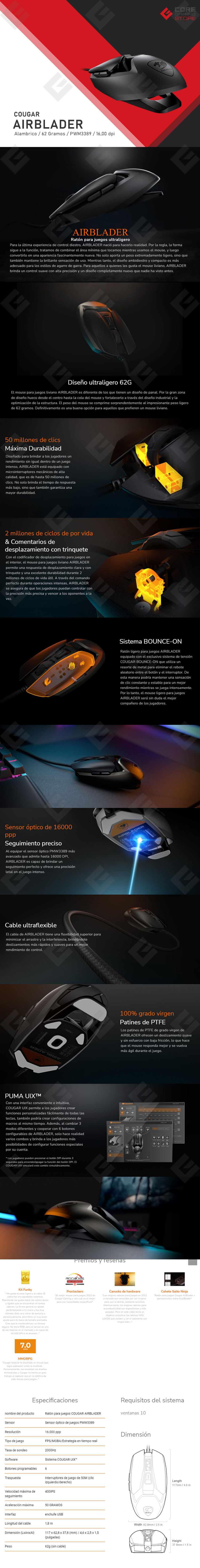 Mouse Gaming Cougar Airblader, Alámbrico, 16,000 DPI, 6 Botones Programables, Sensor PMW3389 - 	3M410WONB.0001