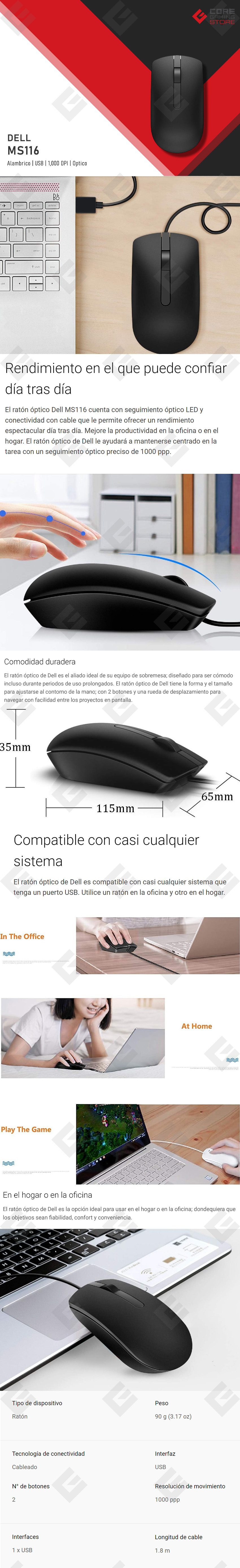 Mouse Dell MS116, Alámbrico, 1,000 DPI Óptico, Negro - 275-BBCC