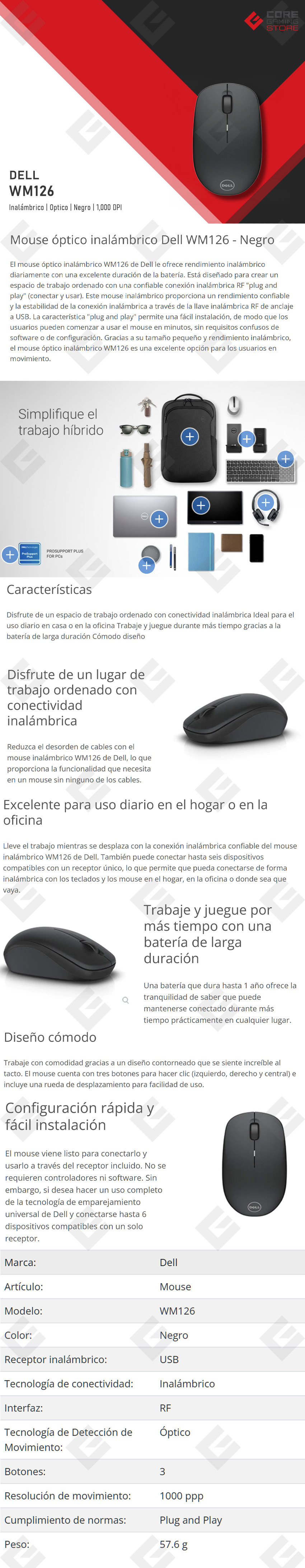 Mouse Dell WM126, Inalámbrico, 1,000 DPI Óptico, Negro - 570-AALK