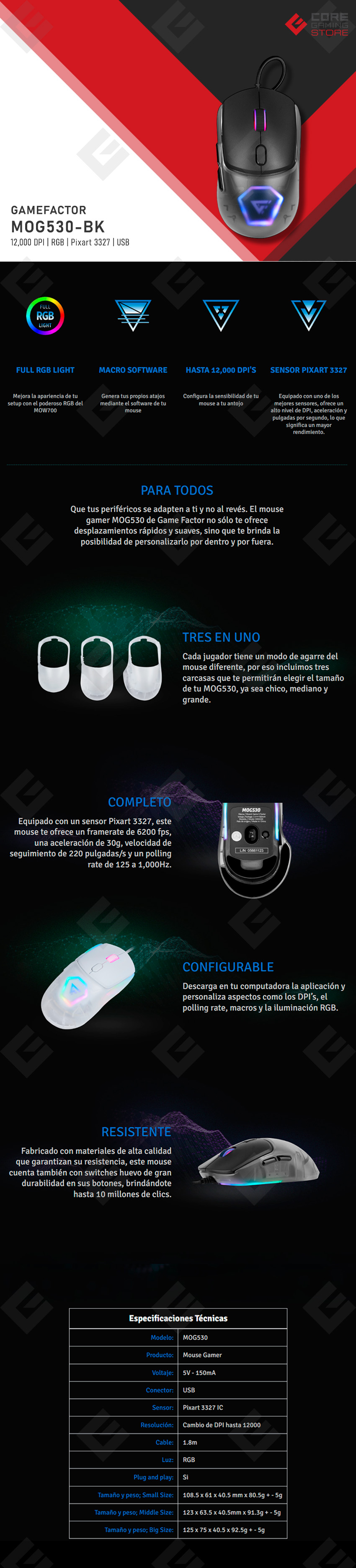 Mouse GameFactor MOG530, Alámbrico, RGB, 12,000 DPI, Pixart 3327, Blanco - MOG530-WH