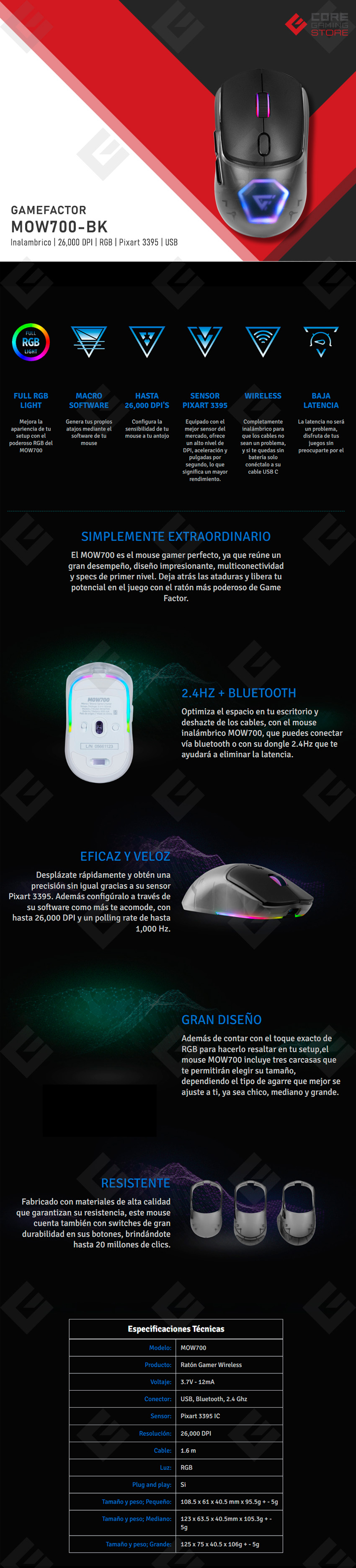 Mouse GameFactor MOW700, Inalámbrico, RGB, 26,000 DPI, Pixart 3395, Negro - MOW700-BK