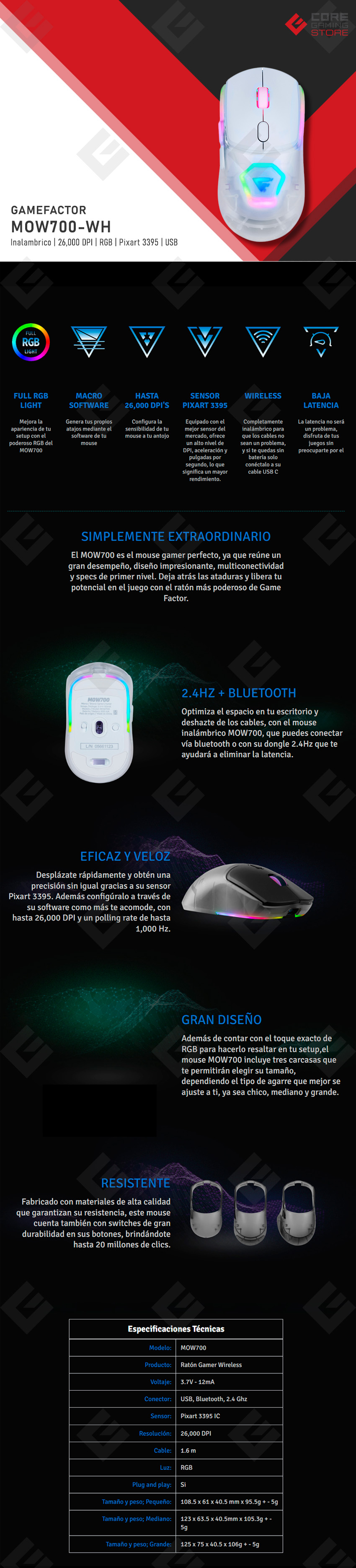 Mouse GameFactor MOW700, Inalámbrico, RGB, 26,000 DPI, Pixart 3395, Blanco - MOW700-WH