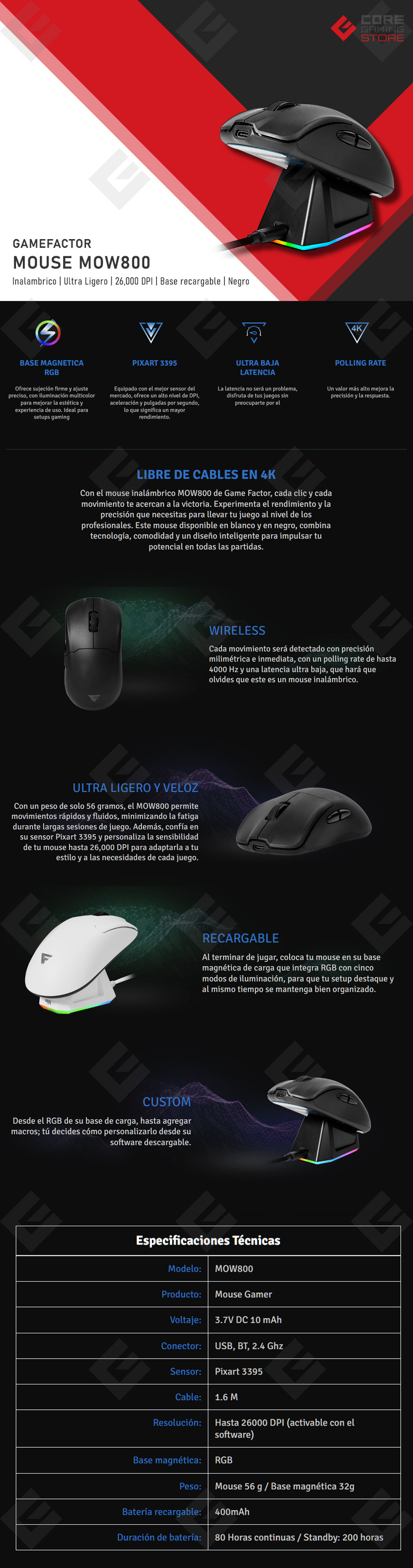 Mouse GameFactor MOW800, Inalámbrico, 26,000 DPI, Pixart 3395, Base recargable, Negro - MOW800-BK