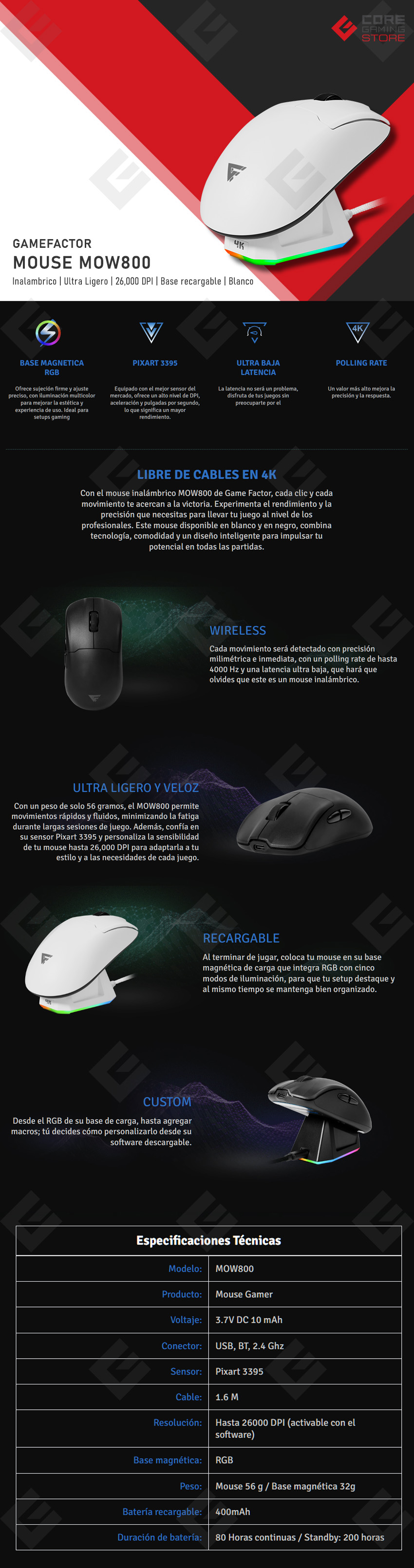 Mouse GameFactor MOW800, Inalámbrico, 26,000 DPI, Pixart 3395, Base recargable, Blanco - MOW800-WH