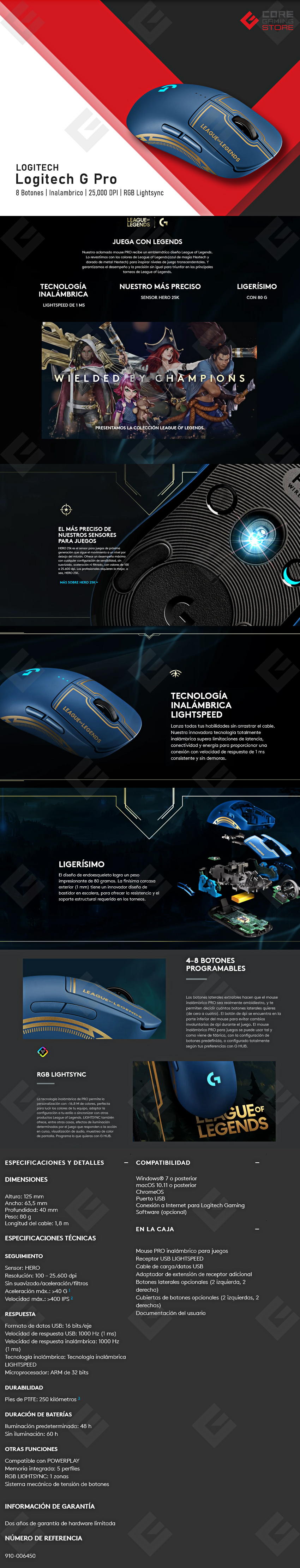 Mouse Logitech G PRO | Edicion Limitada League Of Legends | Lightspeed | Ultra Ligero | Inalámbrico | Sensor Hero 25K - 910-006450