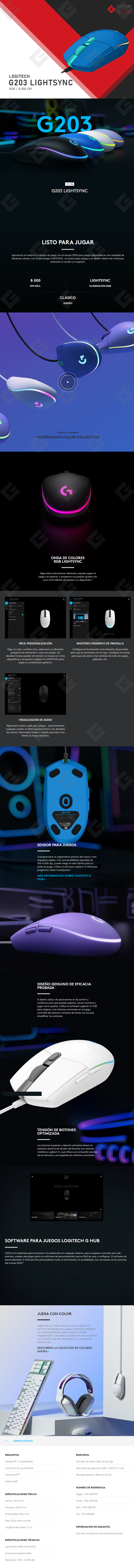 Mouse Logitech G203 Lightsync Azul, Alámbrico, 8,000 DPI - 910-005795
