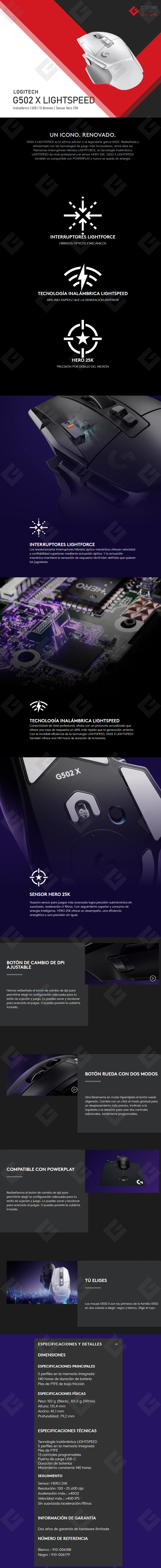 Mouse Gamer Logitech G502 X Lightspeed Blanco, Sensor Hero 25K, Inalámbrico, Interruptores Lightforce, 25,600 DPI - 910-006188