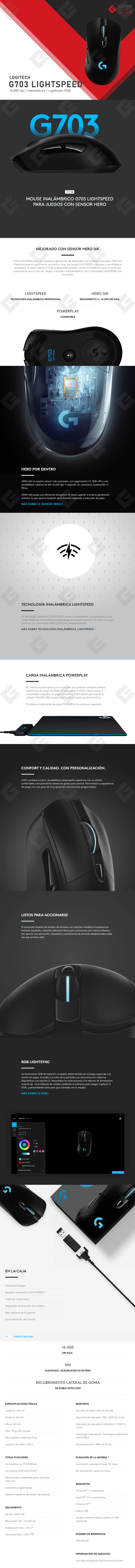 Mouse Logitech G703 Lightspeed Hero, Inalámbrico, Lightsync RGB 16,000 DPI - 910-005639