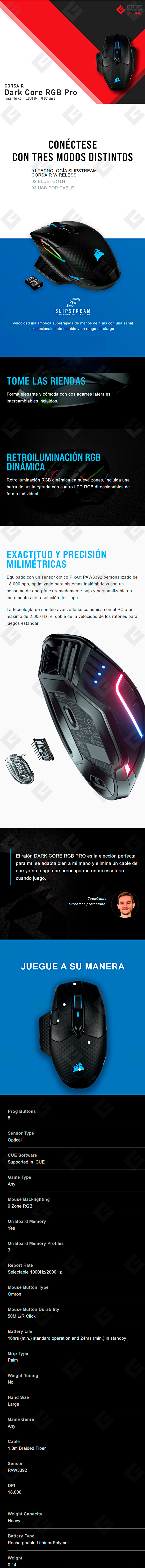Mouse Corsair Dark Core RGB Pro, Negro, Inalámbrico, 8 Botones, 18,000 DPI - CH-9315411-NA