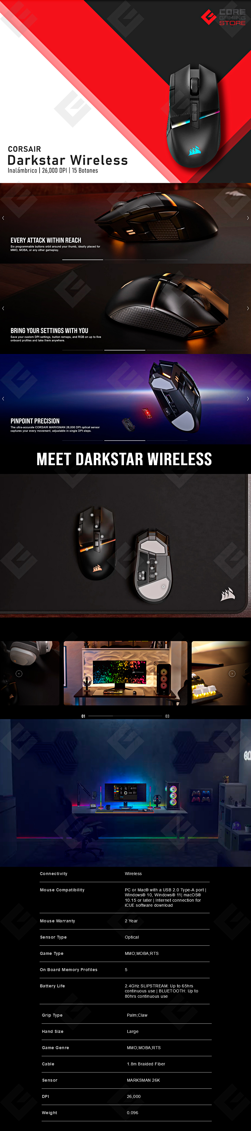 Mouse Corsair Darkstar Wireless RGB, Negro, Inalámbrico, 15 Botones, 26,000 DPI - CH-931A011-NA
