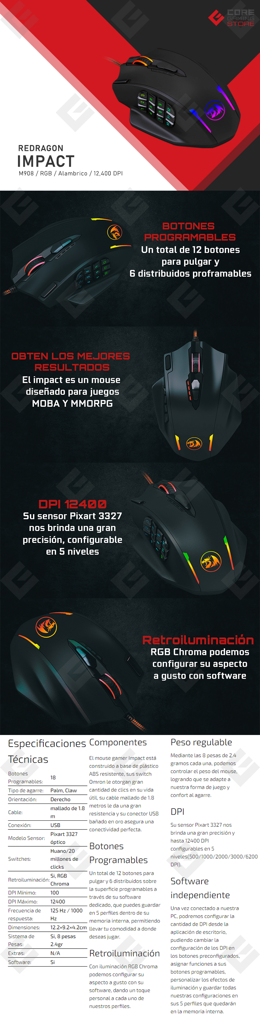 Mouse Gamer Redragon Impact M908, Alámbrico, 12,400 DPI, 18 Botones Progamables, Pixart 3327 óptico