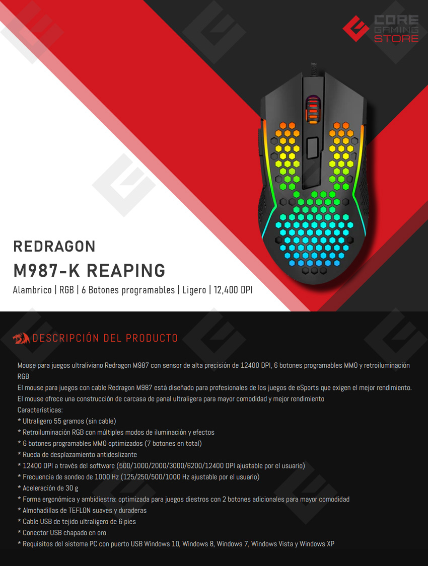 Mouse Gamer Redragon M987-K Reaping, Alambrico, 12,400 DPI, 6 Botones Programables, RGB, Ligero