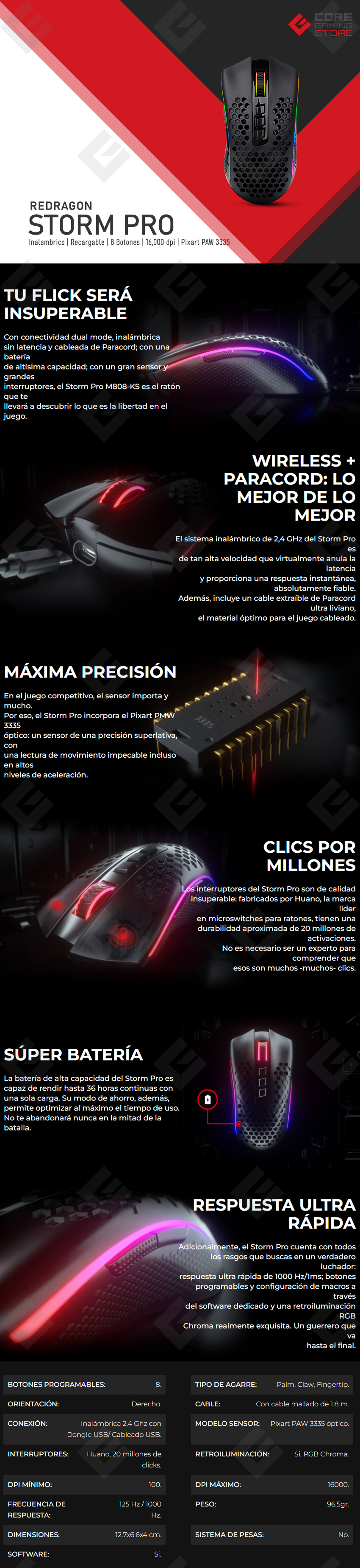 Mouse Gamer Redragon Storm Pro, Inalámbrico, 16,000 DPI, 8 Botones Progamables, Pixart 3389 óptico - M808-KS - 8900-0130 