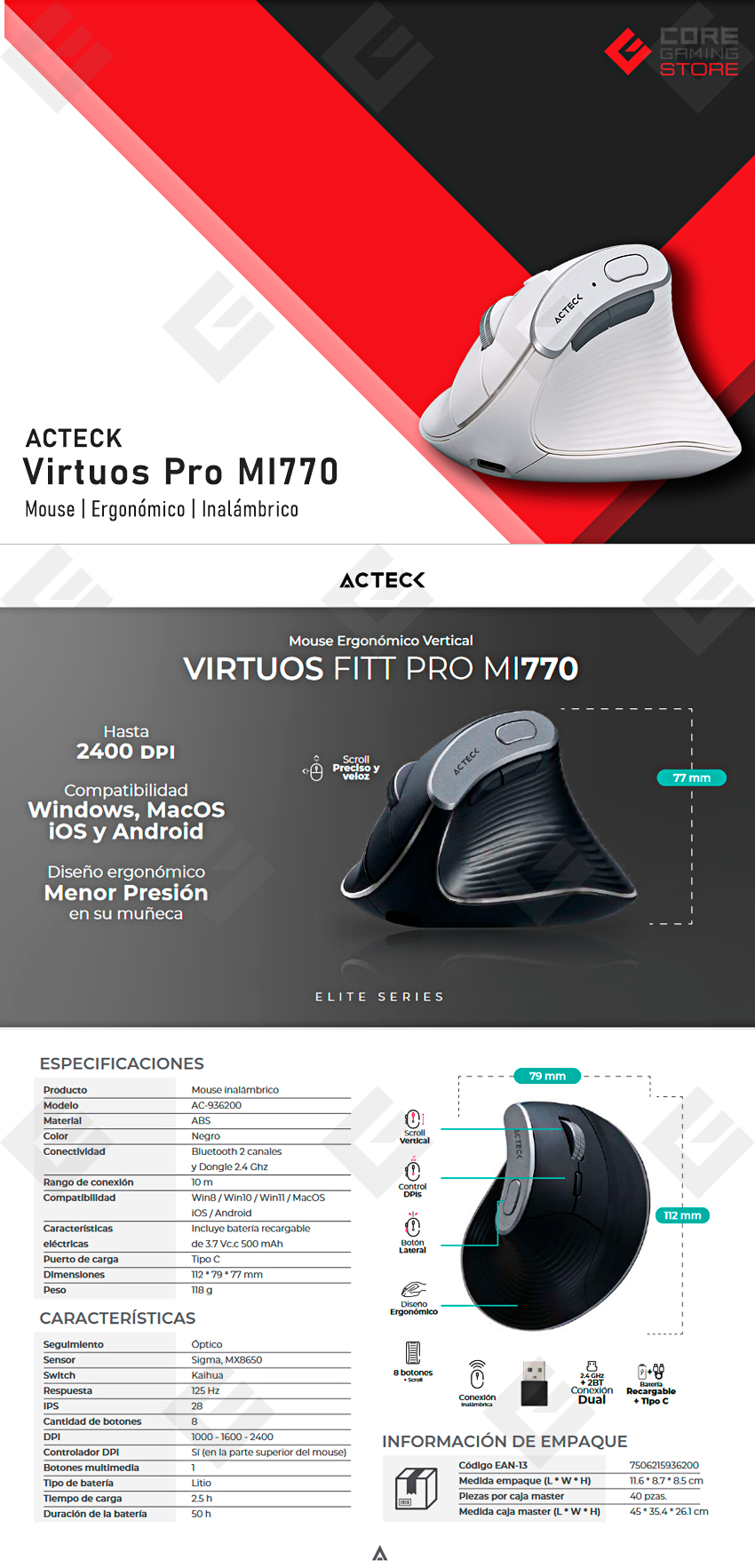 Mouse Acteck Virtuos Fitt Pro MI770, Blanco, Ergonómico, Inalámbrico - AC-936217