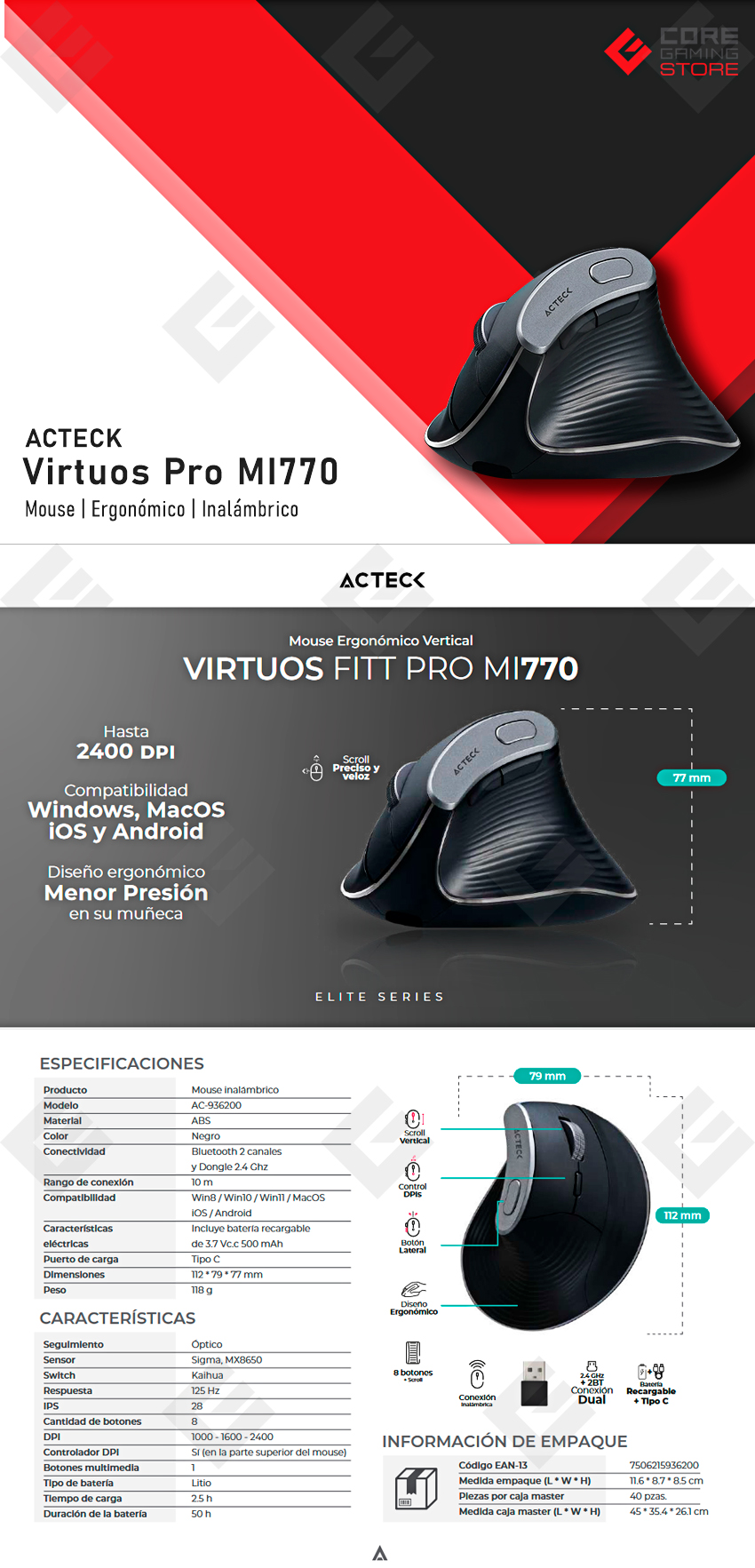 Mouse Acteck Virtuos Fitt Pro MI770, Negro, Ergonómico, Inalámbrico - AC-936200