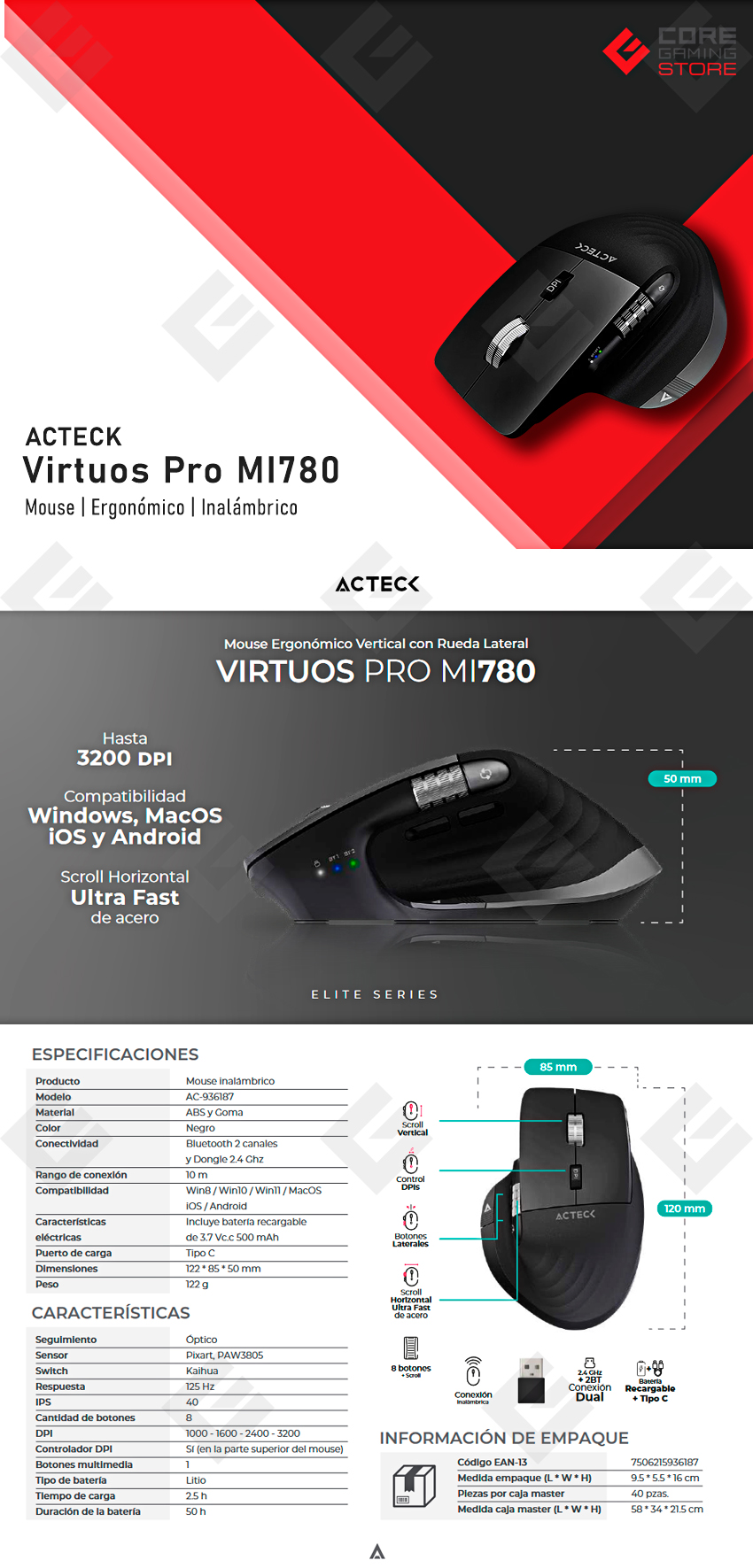 Mouse Acteck Virtuos Pro MI780, Negro, Ergonómico, Inalámbrico - AC-936187