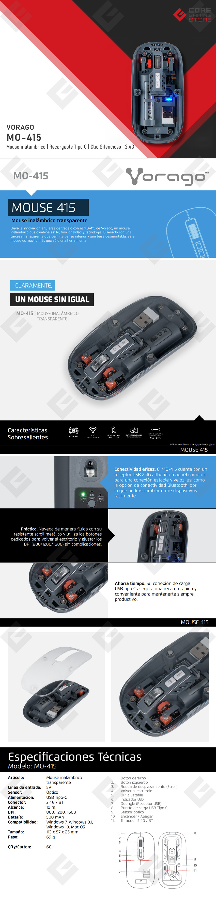 Mouse Vorago MO-415, Inalambrico, Recargable USB Tipo-C - MO-415