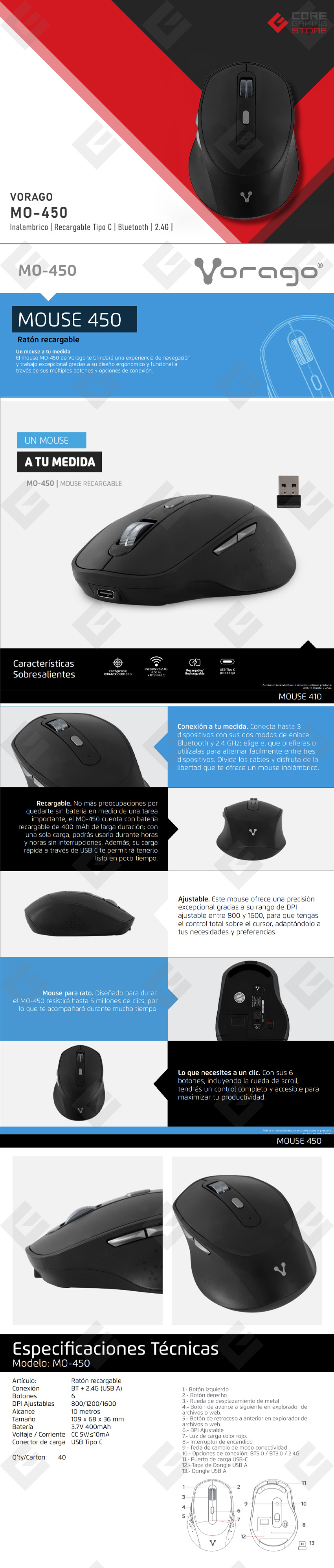 Mouse Vorago MO-450, Inalambrico, Recargable USB Tipo-C, Bluetooth - MO-450