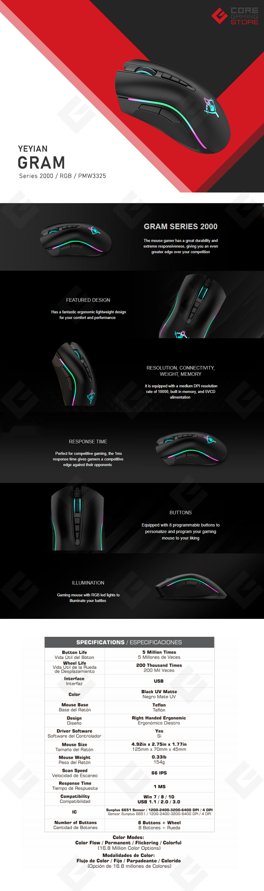 Mouse Yeyian Gram Series 2000, RGB, PWM3325, Negro - YMG-24110N