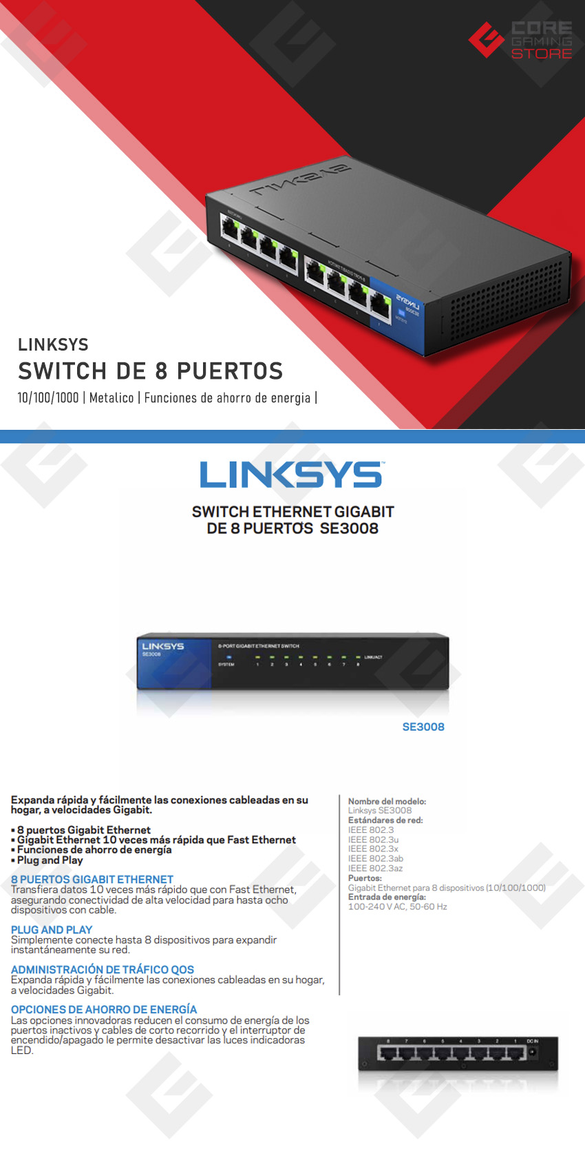 Switch Linksys SE3008 de 8 puertos 10/100/1000Mbps - H450013