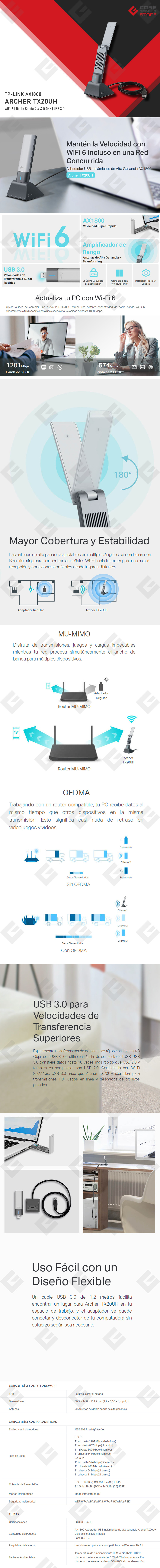 Tarjeta de Red USB Inalámbrica AX1800 TP-Link Archer TX20UH, Doble banda 2.4Ghz & 5.0Ghz, WiFi 6, USB 3.0