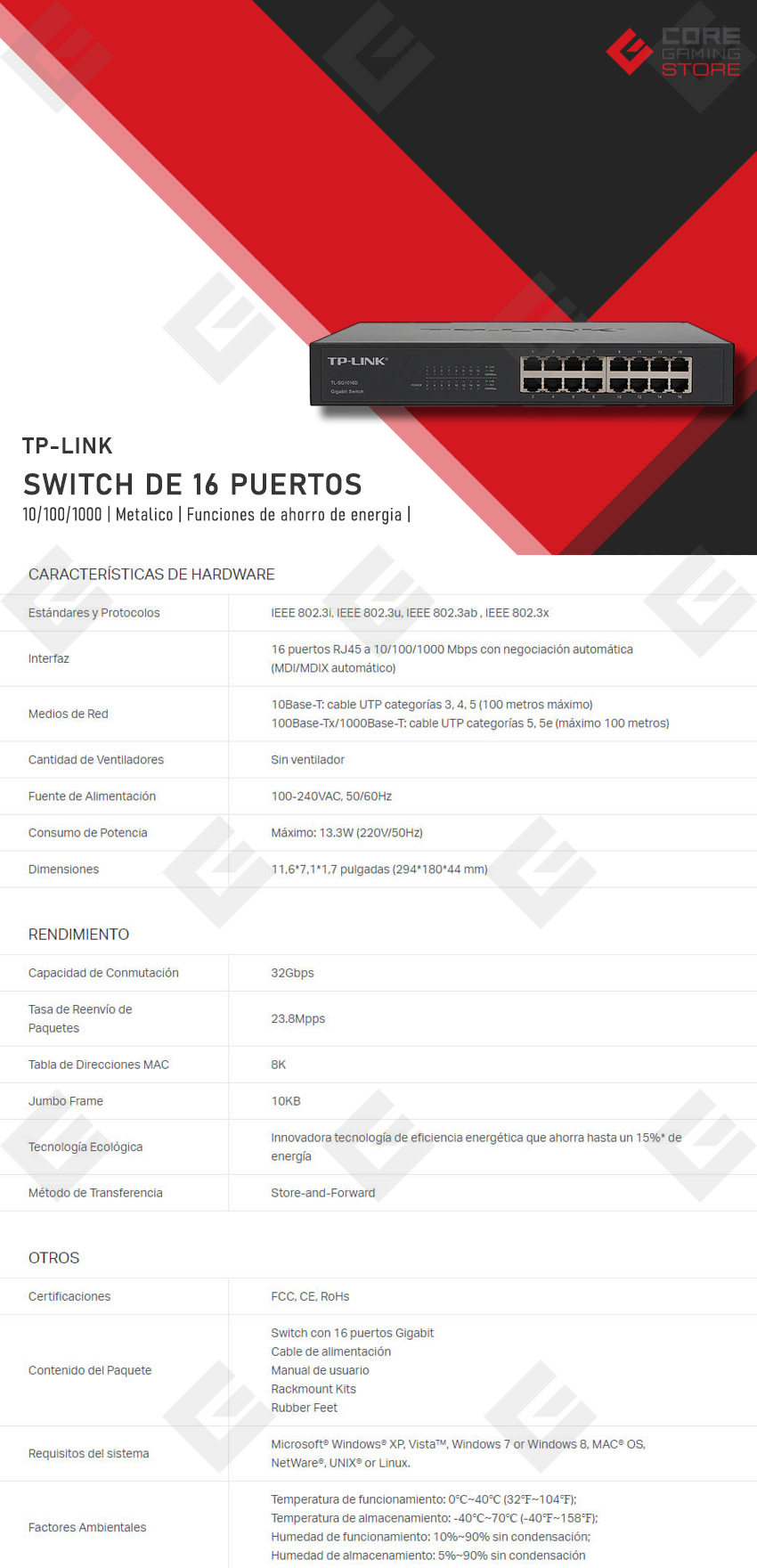 Switch TP-Link TL-SG1016D de 16 puertos 10/100/1000Mbps - TL-SG1016D