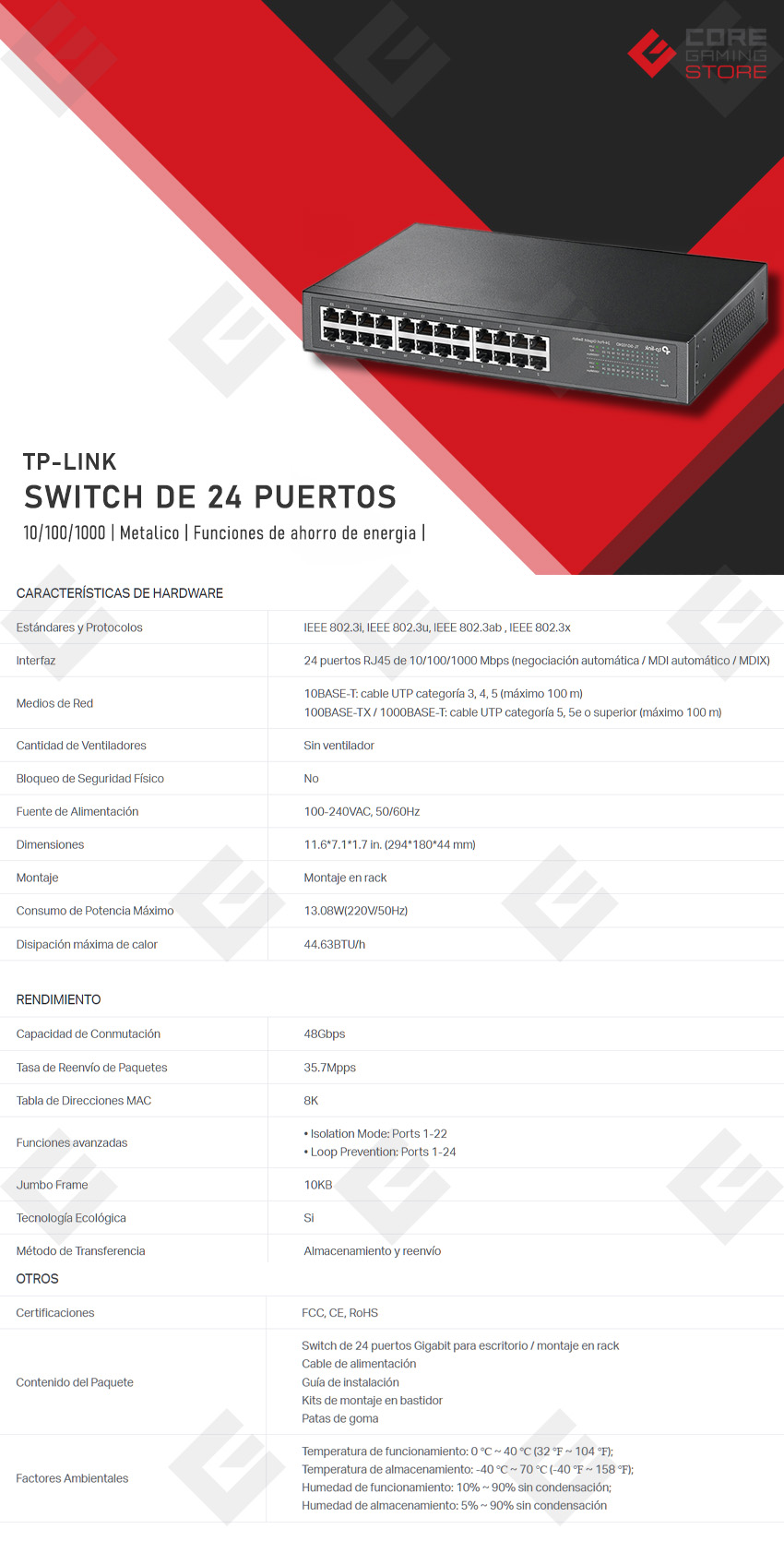 Switch TP-Link TL-SG1024D de 24 puertos 10/100/1000Mbps - TL-SG1024D