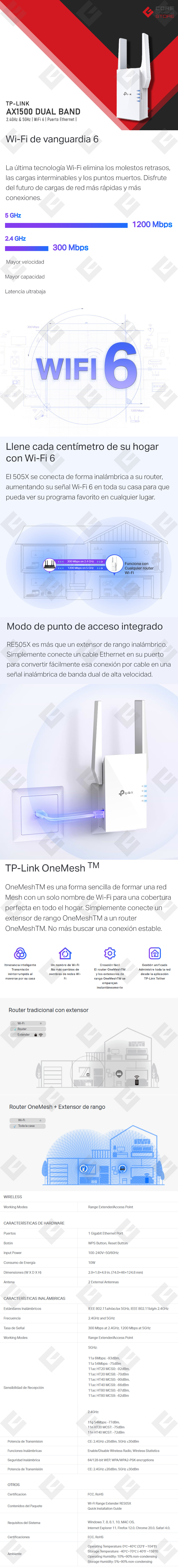 Repetidor de Wi-Fi TP-Link AX1500, Dual Band, 2.4Ghz, 5.0Ghz, Extensor - RE505X