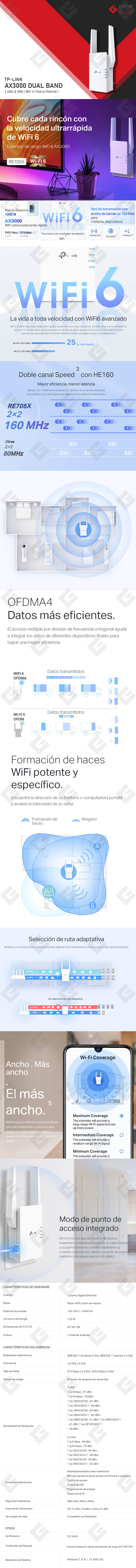 Repetidor de Wi-Fi TP-Link AX3000, Dual Band, 2.4Ghz, 5.0Ghz, Extensor - RE705X