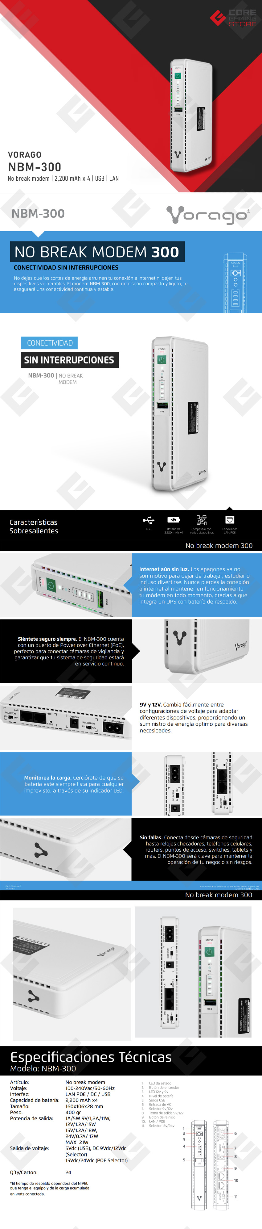 Modem No Break Vorago NBM-300, 2,200 mAh x4, USB, LAN - NBW-300