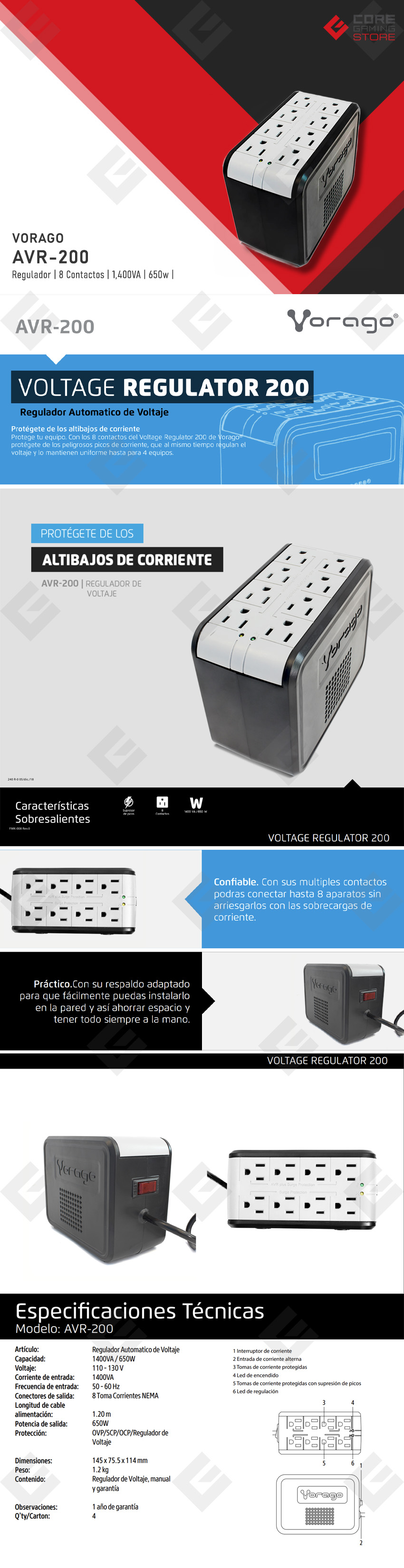 Regulador de Voltaje Vorago AVR-200, 650W, 1,400VA, 8 Contactos - AVR-200