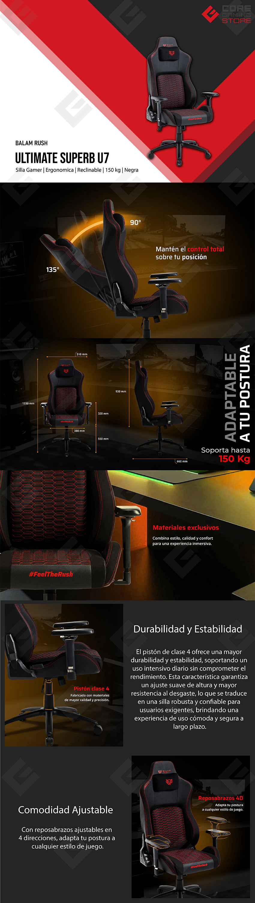 Silla Gamer Balam Rush Ultimate Superb U7, Reclinable 135°, 150 kg, Negro - BR-940498