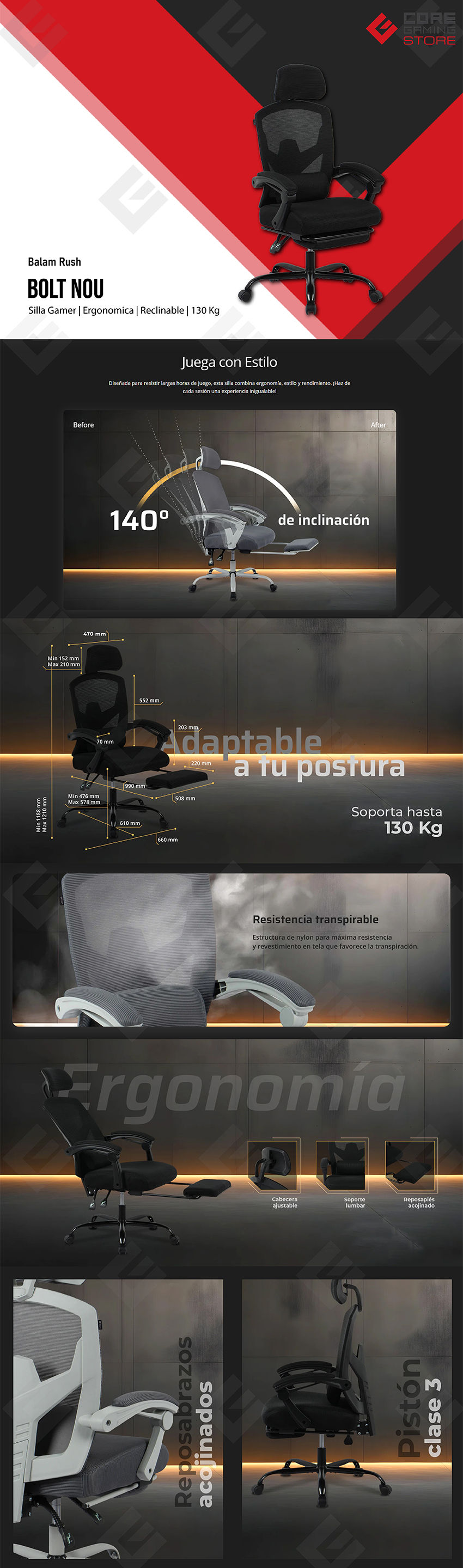 Silla Gamer Balam Rush Bolt Nou B, Inclinación 140°, Soporta 130 kg, Reposapiés, Negro - BR-940542