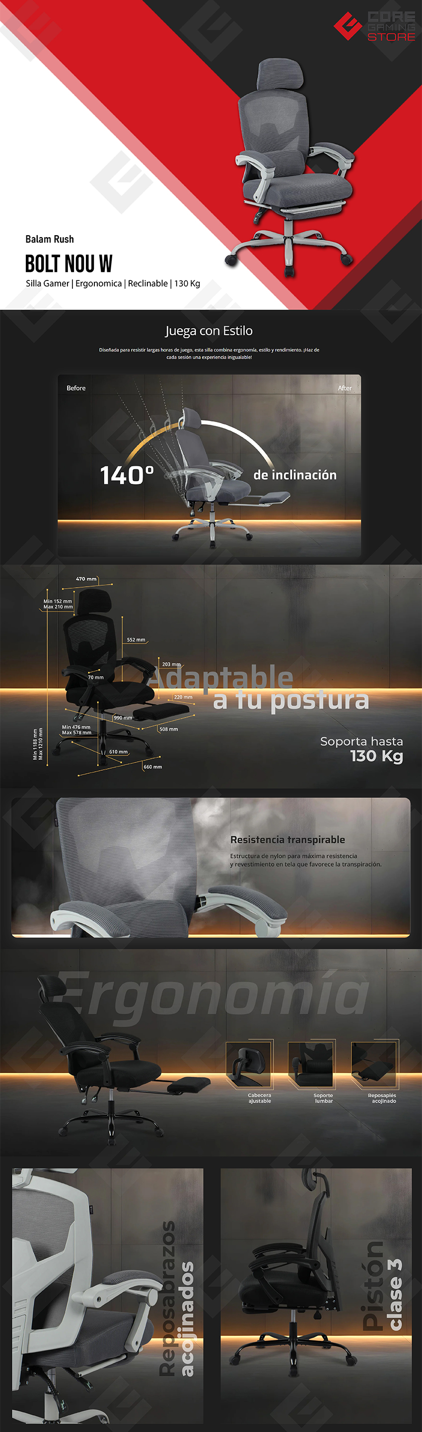 Silla Gamer Balam Rush Bolt Nou W, Inclinación 140°, Soporta 130 kg, Reposapiés, Gris - BR-940559