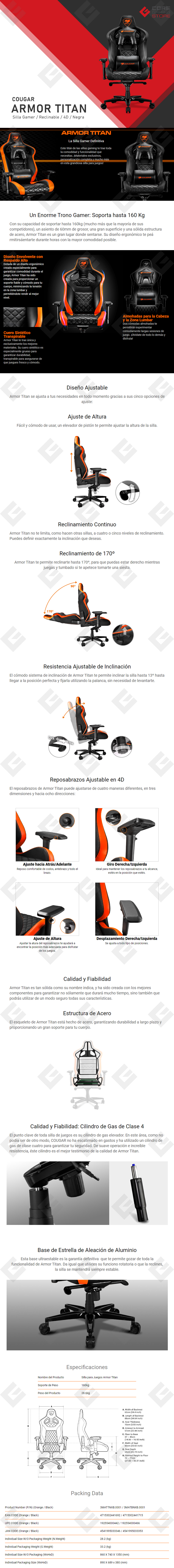 Silla Gamer Cougar Armor Titan Black, Reclinable, 4D, Negro