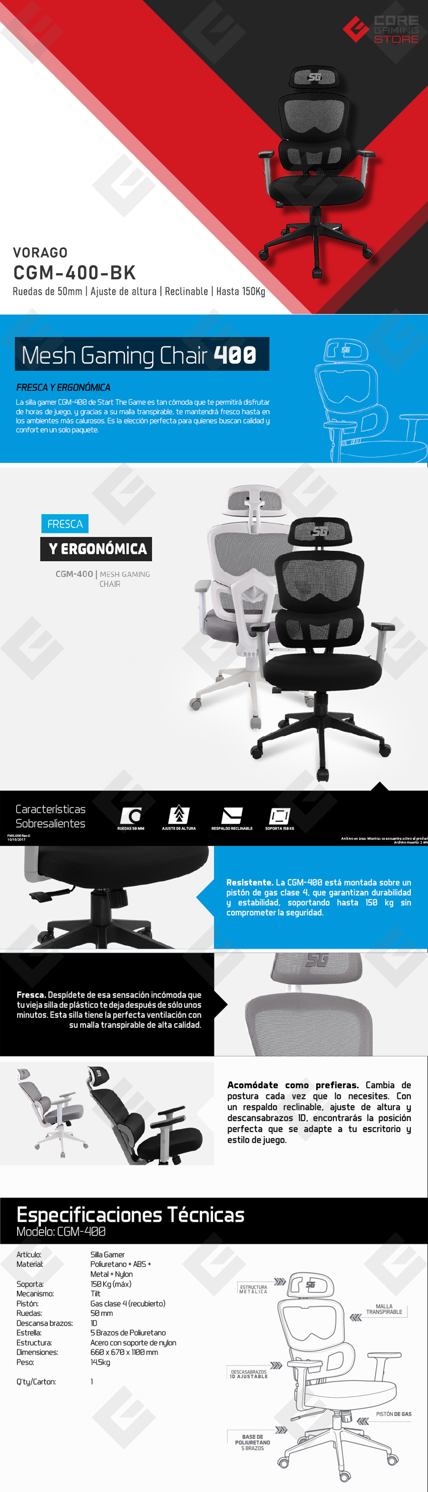 Silla Gamer Vorago Start The Game CGM400, Reclinable, 150Kg, Negro - CGM-400-BK