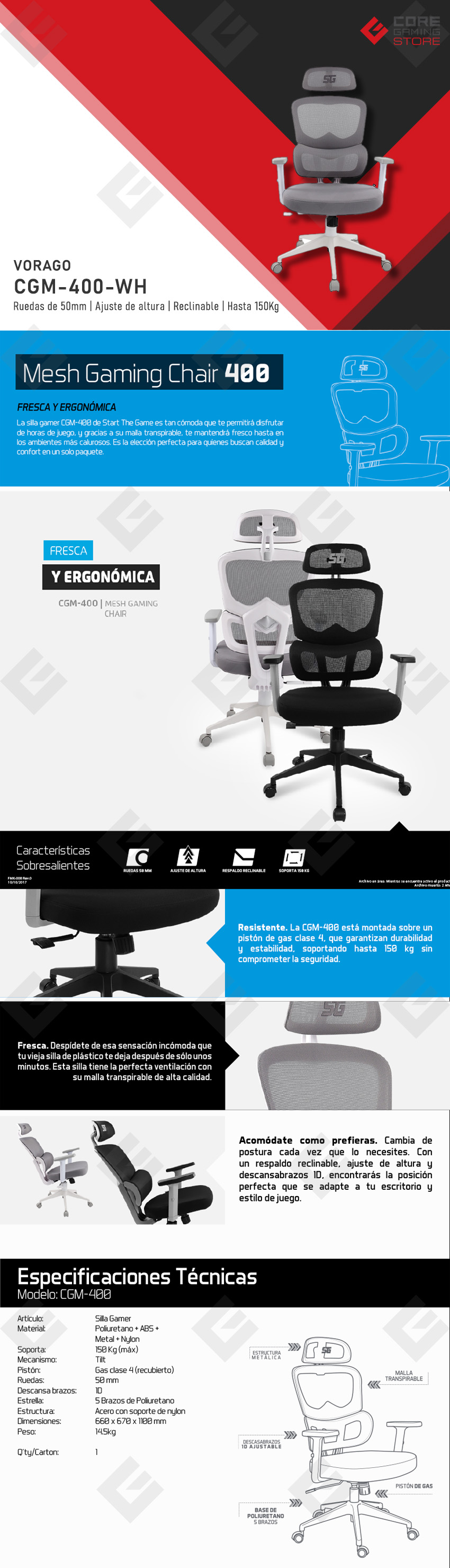 Silla Gamer Vorago Start The Game CGM400, Reclinable, 150Kg, Blanco - CGM-400-WH