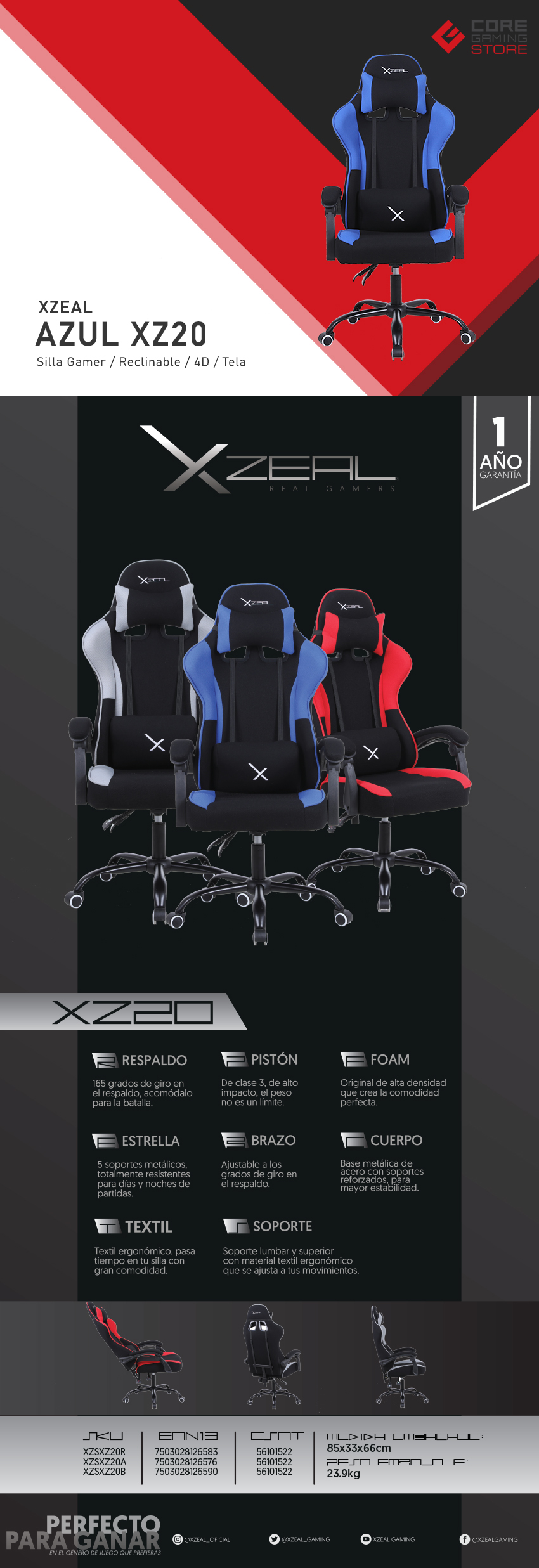 Silla Gamer Xzeal XZ20 Azul, Reclinable, 4D, Tela - XZSXZ20A - Precio Especial