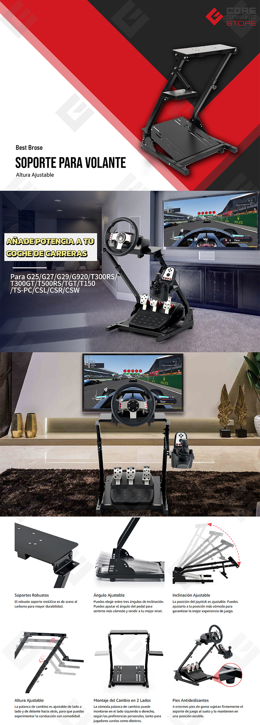 Soporte para Volante de Carreras Best Brose | Altura Ajustable | Compatible con Logitech G25, G27, G29, G920