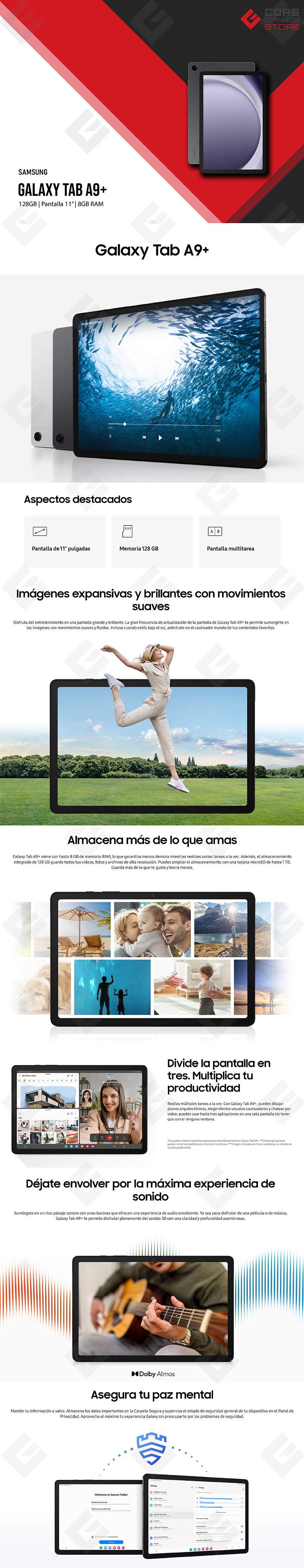 Tableta Samsung Galaxy Tab A9+, Gris Oscuro, 11", 8GB RAM, 128GB ROM - SM-X210NZAEMXO