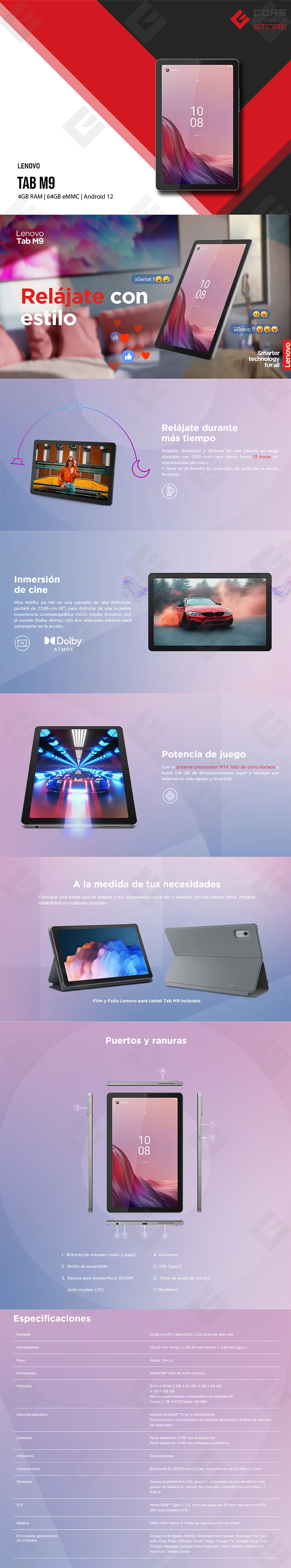 Tableta Lenovo Tab M9, 64GB eMMC, 4GB RAM, 9", Gris - ZAC30058MX