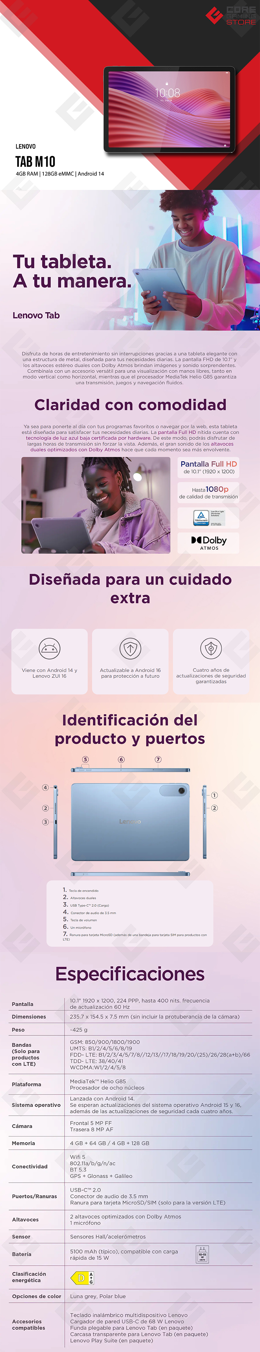 Tableta Lenovo Tab M10, 128GB eMMC, 4GB RAM, 10.1", Gris - ZAEH0131MX