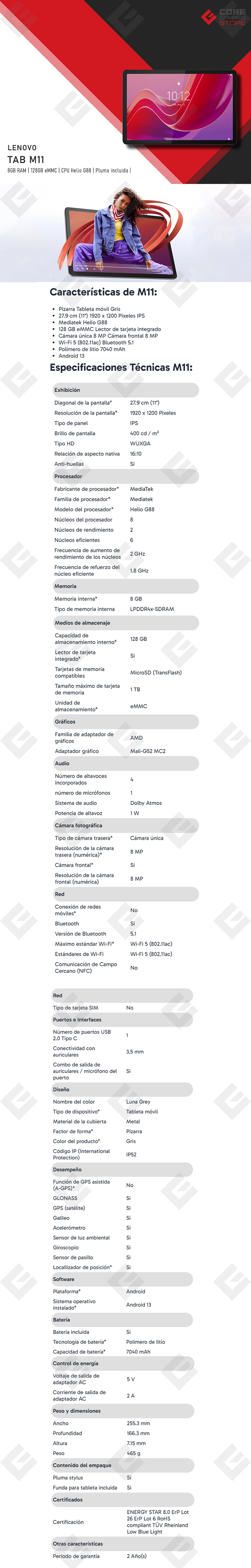 Tableta Lenovo Tab M11,128GB eMMC, 8GB RAM, 11'', Gris - ZADA0103MX