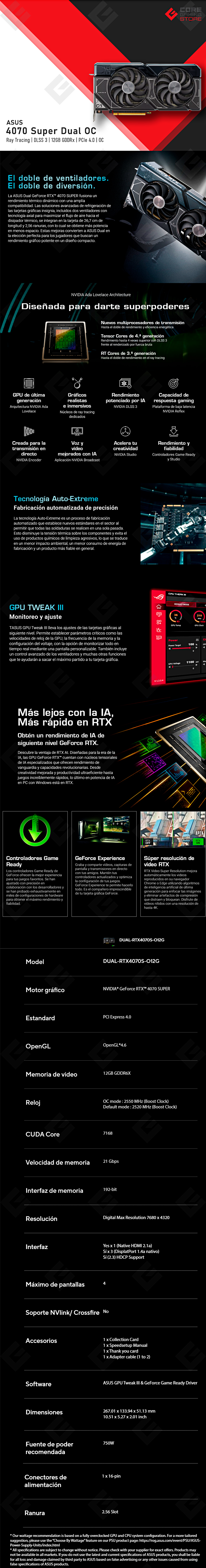 Tarjeta de video Nvidia Asus GeForce RTX 4070 Super Dual OC, DLSS 3, RAY TRACING, REFLEX, STUDIO, 12GB GDDR6X - DUAL-RTX4070S-012G