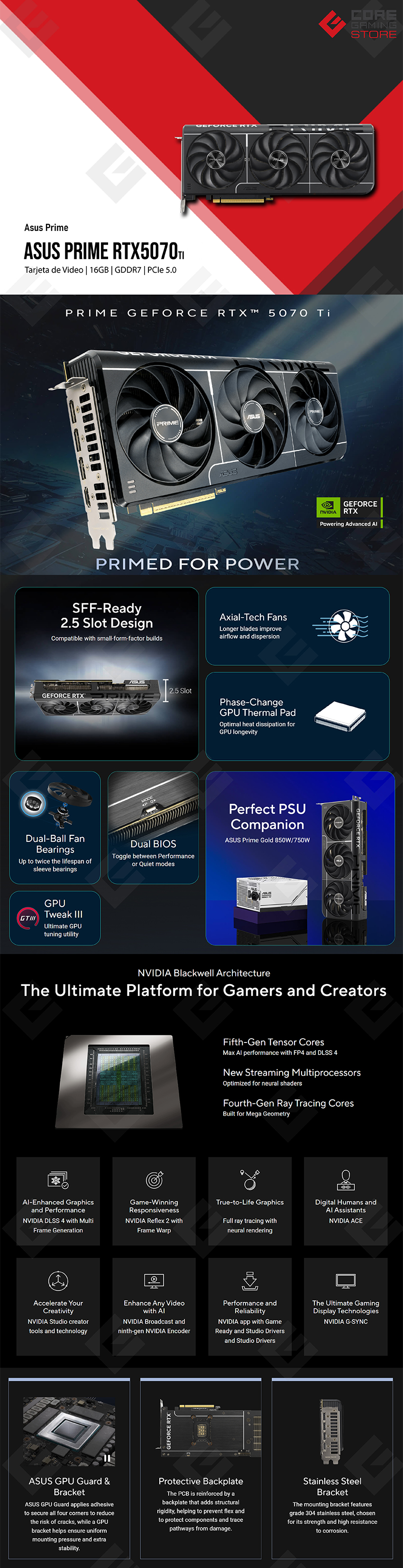 Tarjeta de Video ASUS Prime GeForce RTX 5070 Ti, 16 GB GDDR7, PCIe 5.0, Triple Fan, Vapor Chamber - PRIME‑RTX5070TI‑16G
