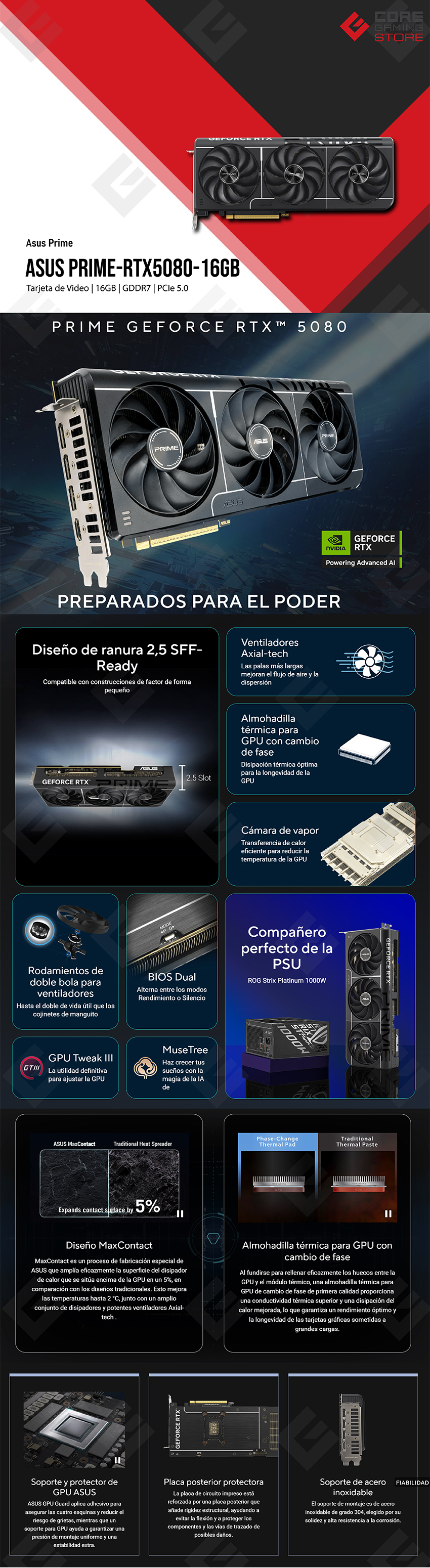 Tarjeta de Video ASUS Prime GeForce RTX 5080, 16 GB GDDR7, PCIe 5.0, Triple Fan, Vapor Chamber - PRIME‑RTX5080‑16G